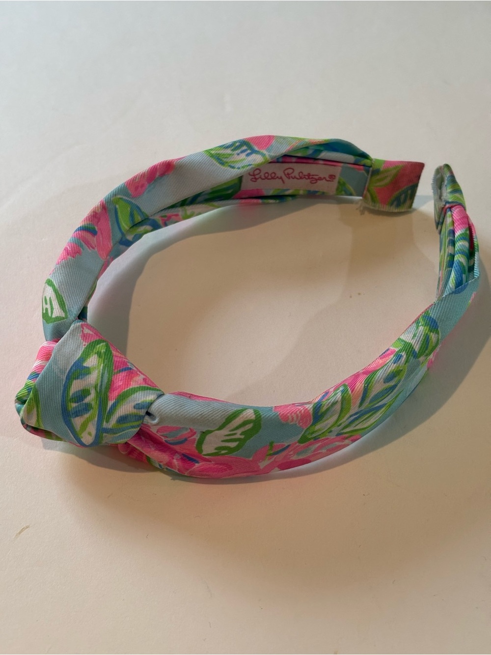 Lilly Pulitzer Pink Floral Knot Headband with Green and Blue Leaves